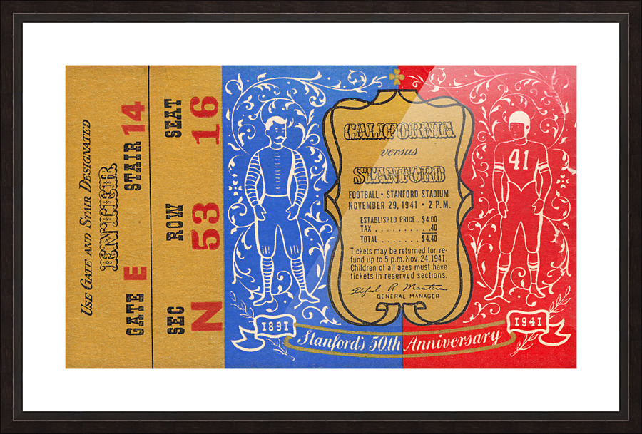 1941 Stanford vs. California Football Ticket Canvas Picture Frame print