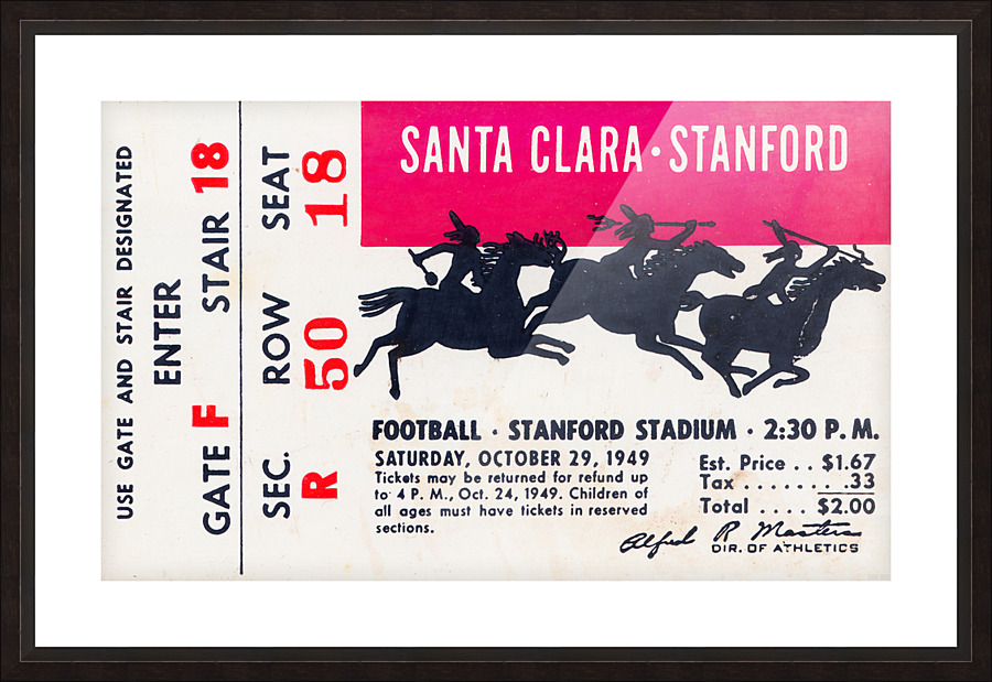 1949 Stanford vs. Santa Clara Football Ticket Canvas Picture Frame print