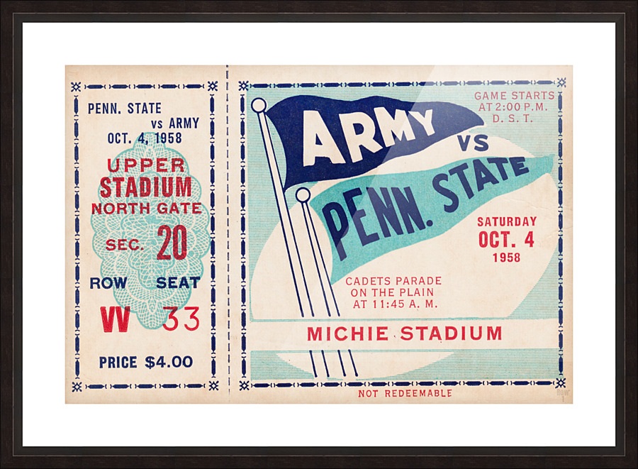 1958 Army vs. Penn State Football Ticket Art Picture Frame print