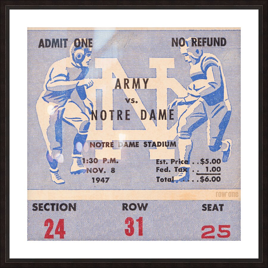 1947 Notre Dame vs. Army Ticket Stub Square Picture Frame print