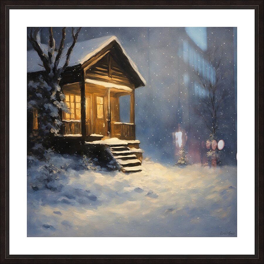 beautiful snowy night log cabin art Picture Frame print
