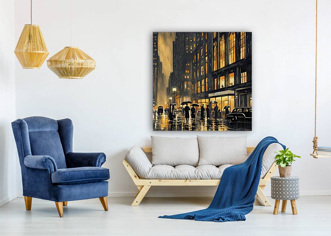 Vintage New York City at Night in the Rain  Reproduction