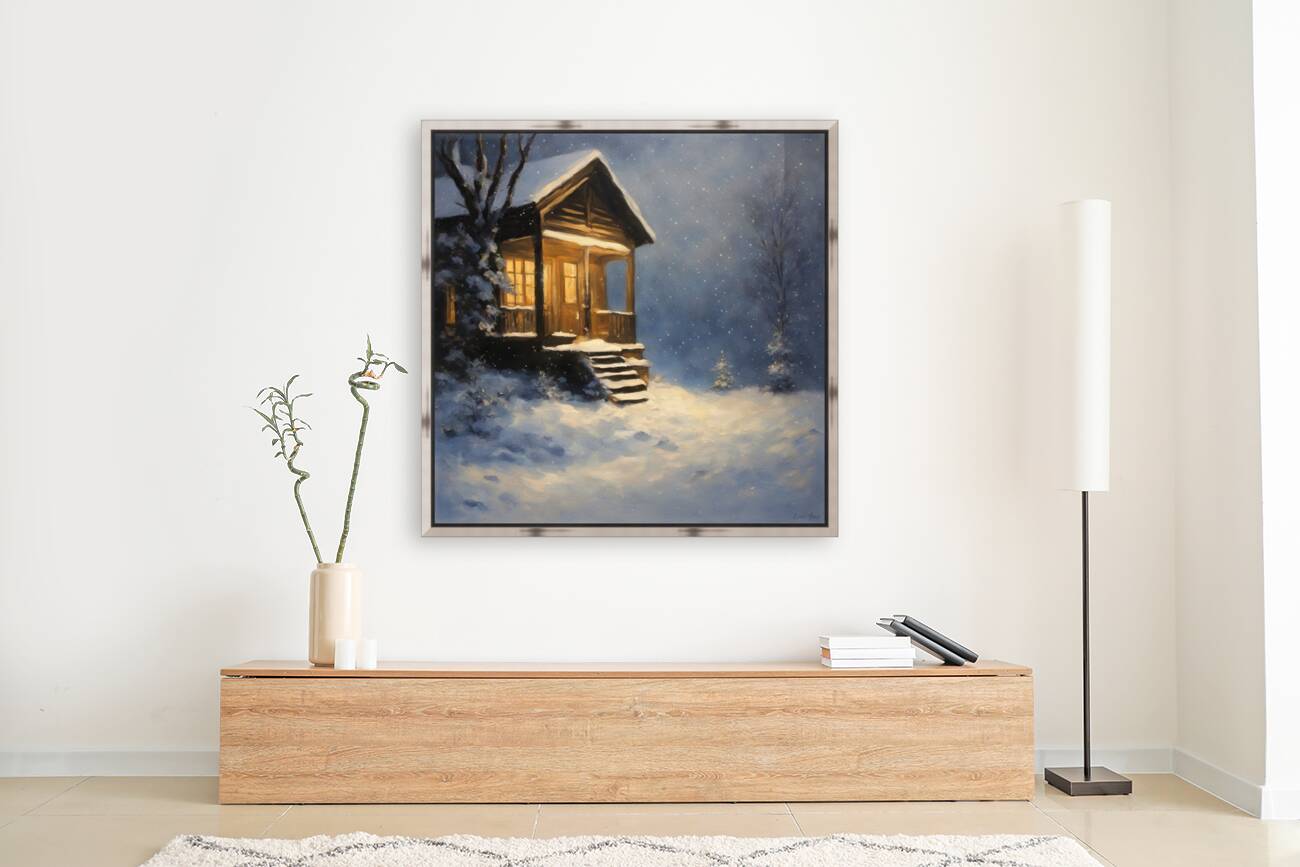 beautiful snowy night log cabin art Reproduction