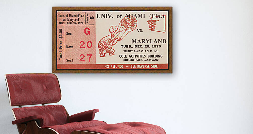 1970 Maryland vs. Miami Basketball Ticket Stub Canvas by Row One Brand