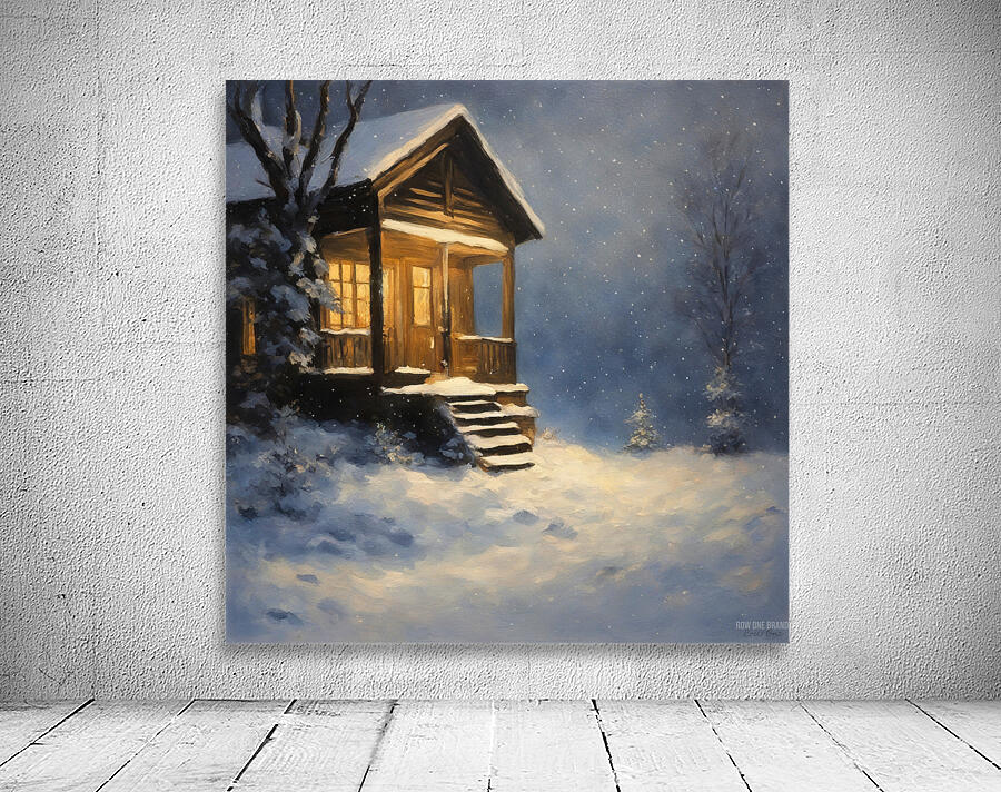 beautiful snowy night log cabin art Wall Preview