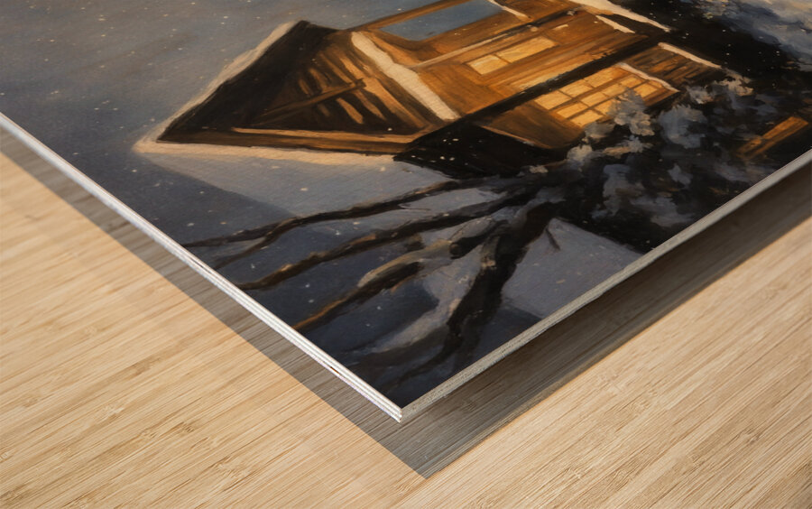 beautiful snowy night log cabin art Wood print