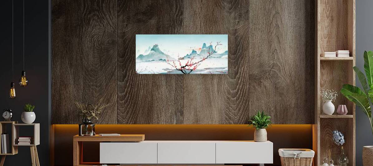 Spring and Summer Peach Blossom Landscape in Ink Wash Style by JustArt Digital
