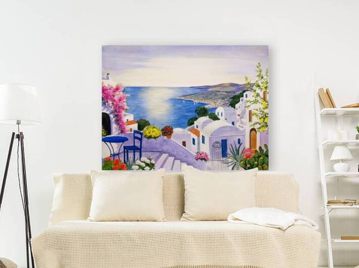 Sun-Drenched Santorini Vista: A Hand-Drawn Watercolor Paradise by JustArt Digital