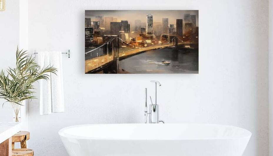 New York Cityscape: Modern Oil Painting with River and Bridge by JustArt Digital