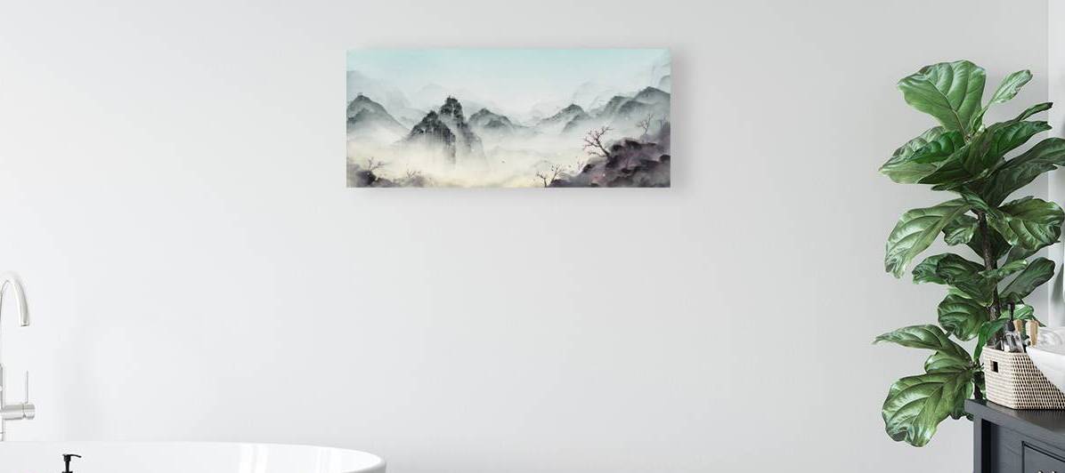 Winters Serenity: Snowy Oriental Ink Wash Landscape by JustArt Digital