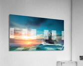 Container cargo ship in ocean at sunset dramatic Acrylic Print