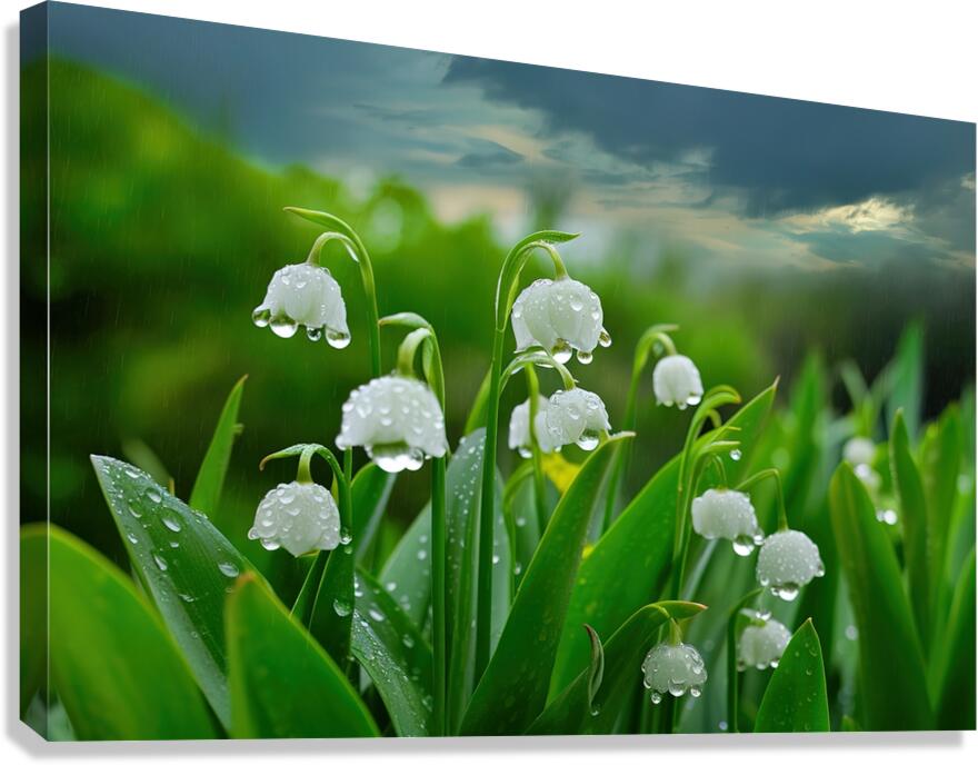 Lily of the valley blooming on rainy day 1 by Mirela Poiana Wall Art