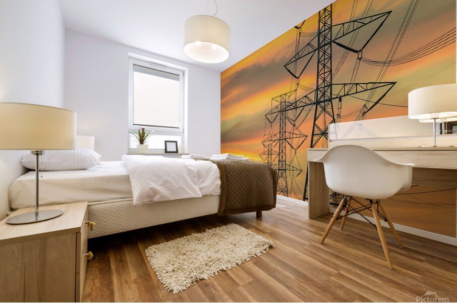High voltage tower with sunset sky background 1.j Mural print