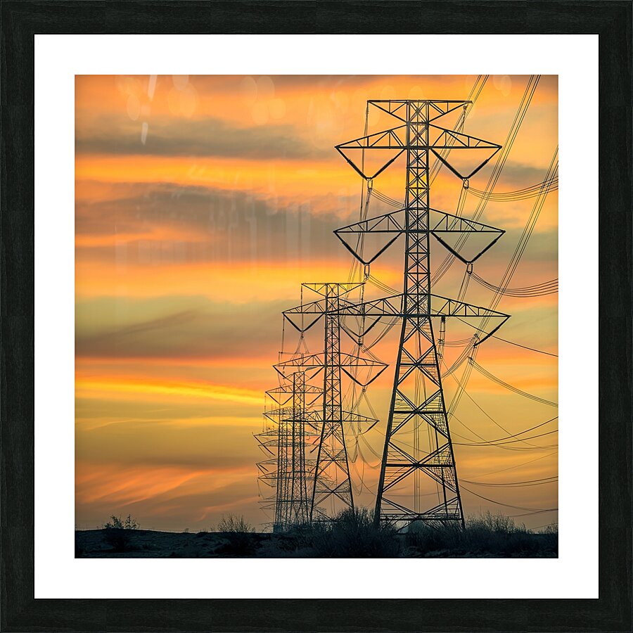 High voltage tower with sunset sky background 1.j Picture Frame print