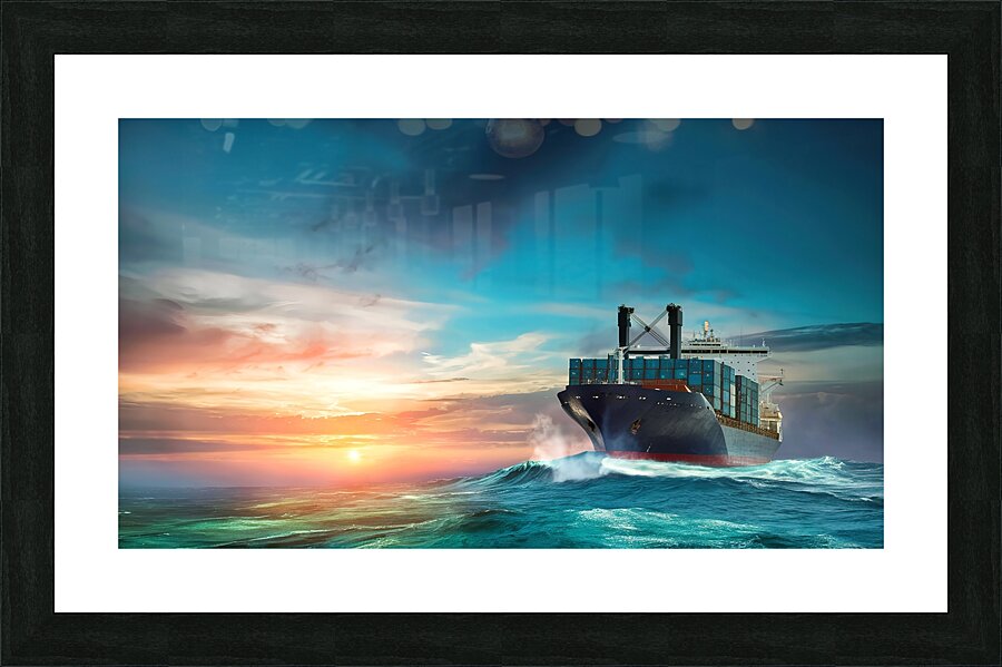 Container cargo ship in ocean at sunset dramatic Picture Frame print