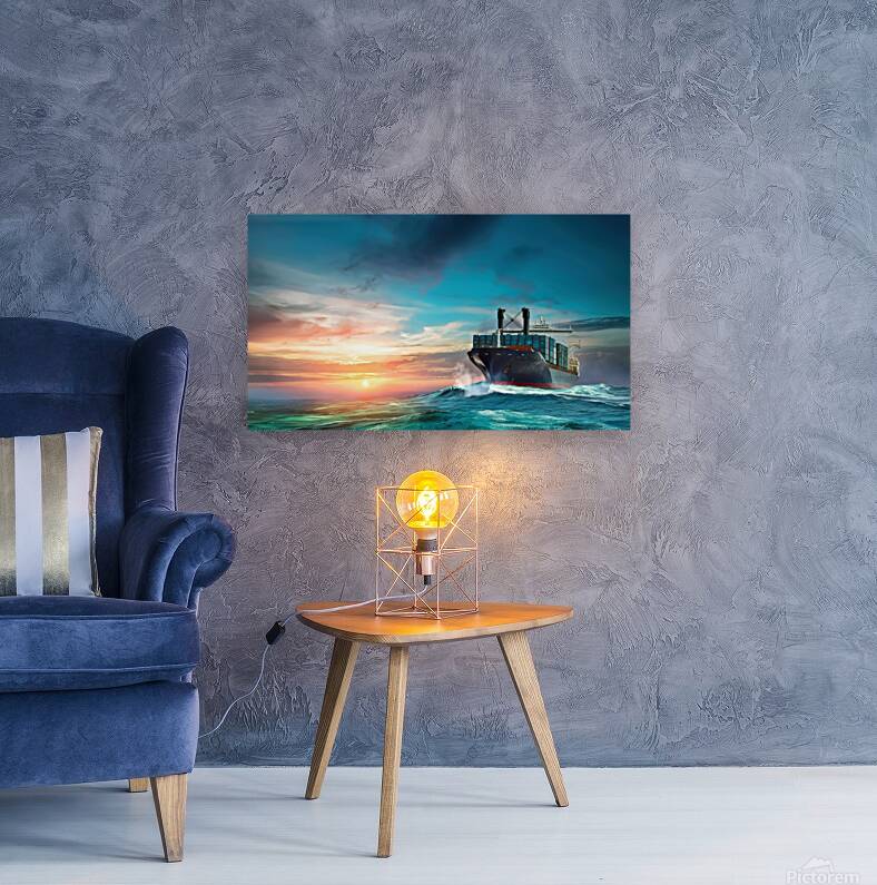 Container cargo ship in ocean at sunset dramatic Reproduction