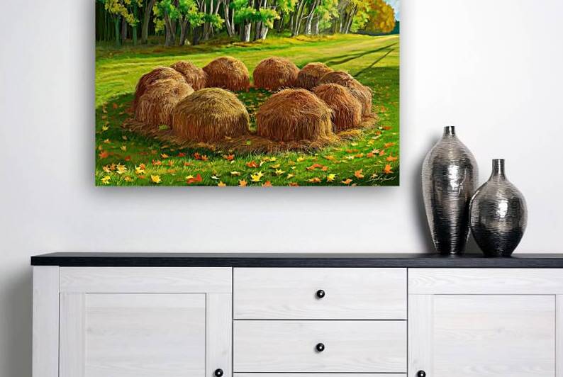 autumn landscape round haystacks in green grass o by Mirela Poiana