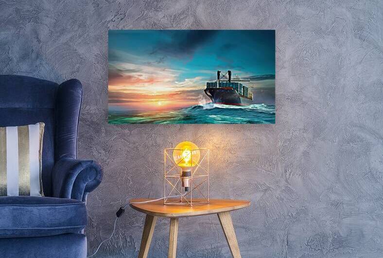 Container cargo ship in ocean at sunset dramatic by Mirela Poiana