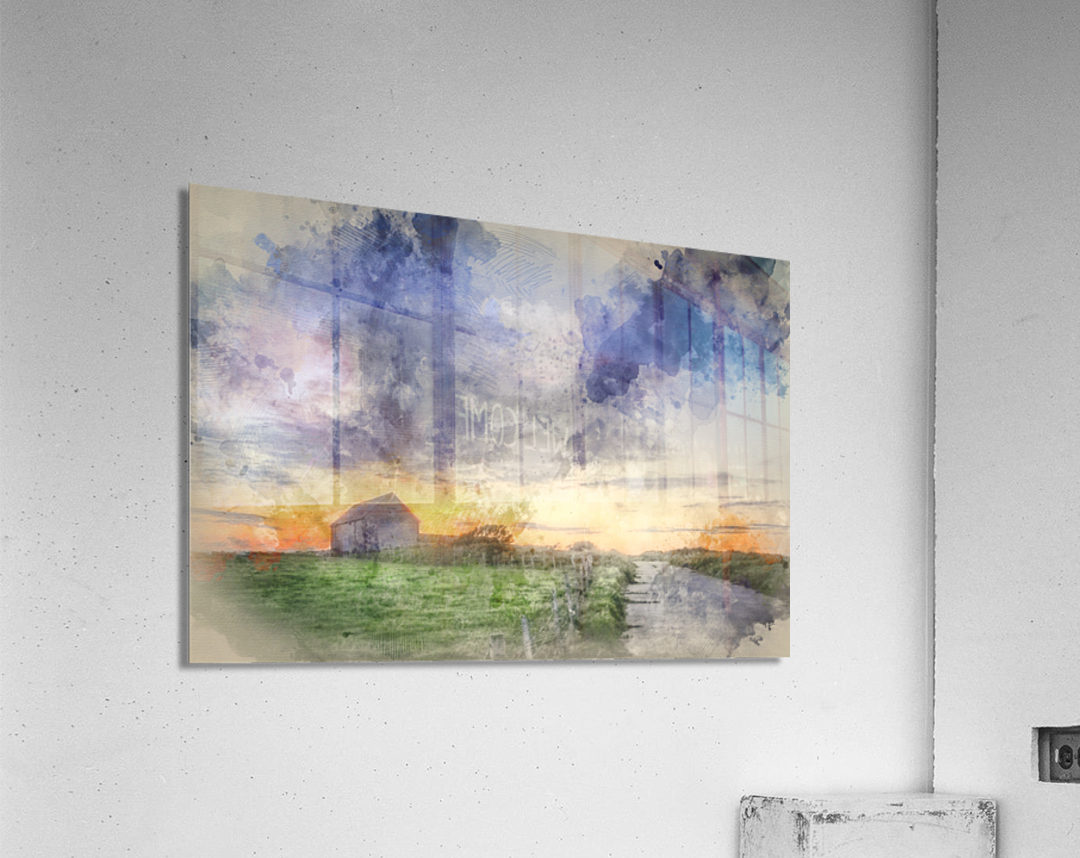 Digital watercolor painting of Old barn in landscape at sunset by ...