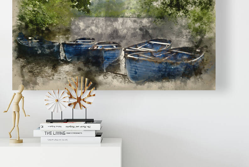 Watercolour painting of Old fashioned rowing boats on shore of lake in Summer by Matthew Gibson