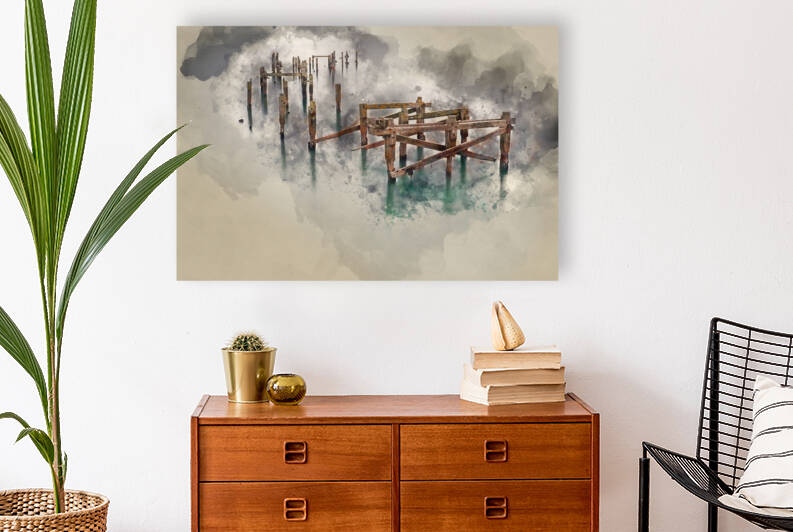 Watercolour painting of landscape of decayed pier by Matthew Gibson