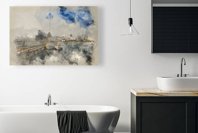Watercolour painting of Hurst Spit jetty boats and lighthouse. by Matthew Gibson