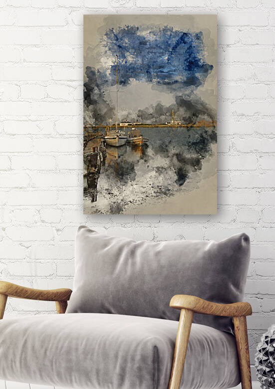 Watercolour painting of Hurst Spit jetty boats and lighthouse. by Matthew Gibson