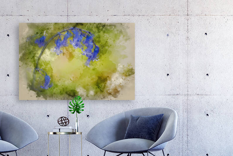 Watercolour painting of Bluebell Spring flower against green bok by Matthew Gibson