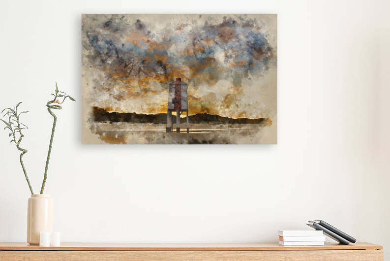 Watercolour painting of Beautiful landscape sunrise stilt lighth by Matthew Gibson