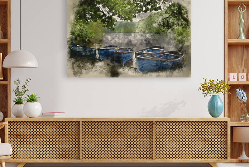 Watercolour painting of Old fashioned retro style rowing boats o by Matthew Gibson