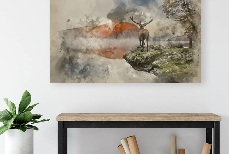 Watercolour painting of Stunning powerful red deer stag looks ou by Matthew Gibson