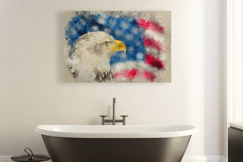 Portrait of American bald eagle against USA flag stars and strip by Matthew Gibson