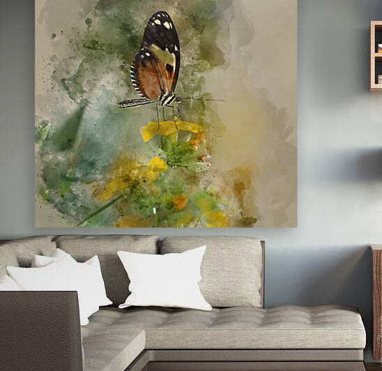 Watercolor painting of Stunning butterfly insect on vibrant yell by Matthew Gibson