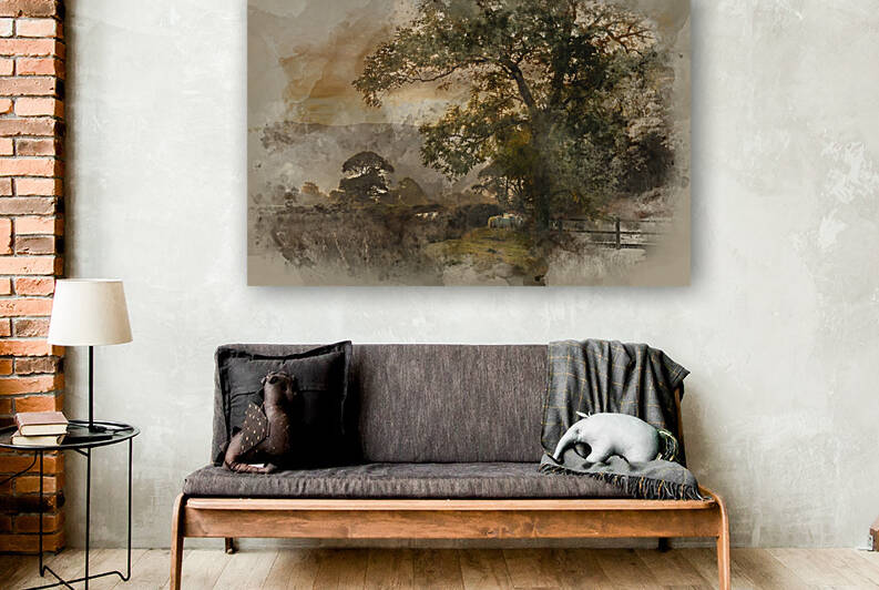 Watercolour painting of Beautiful foggy misty Autumn sunrise ove by Matthew Gibson