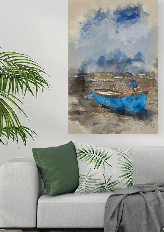 Watercolour painting of Harbour at low tide with fishing boats a by Matthew Gibson