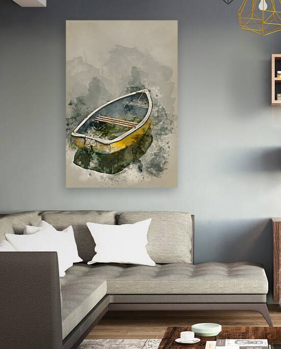 Watercolour painting of Neglected old rowing boat on calm sea wa by Matthew Gibson
