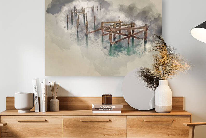 Watercolour painting of landscape of decayed pier by Matthew Gibson