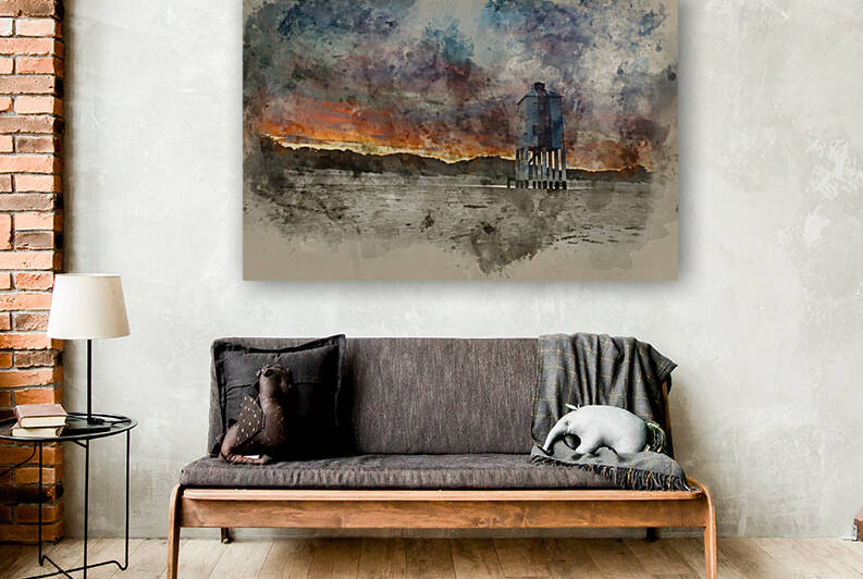 Watercolour painting of Beautiful landscape sunrise stilt lighth by Matthew Gibson