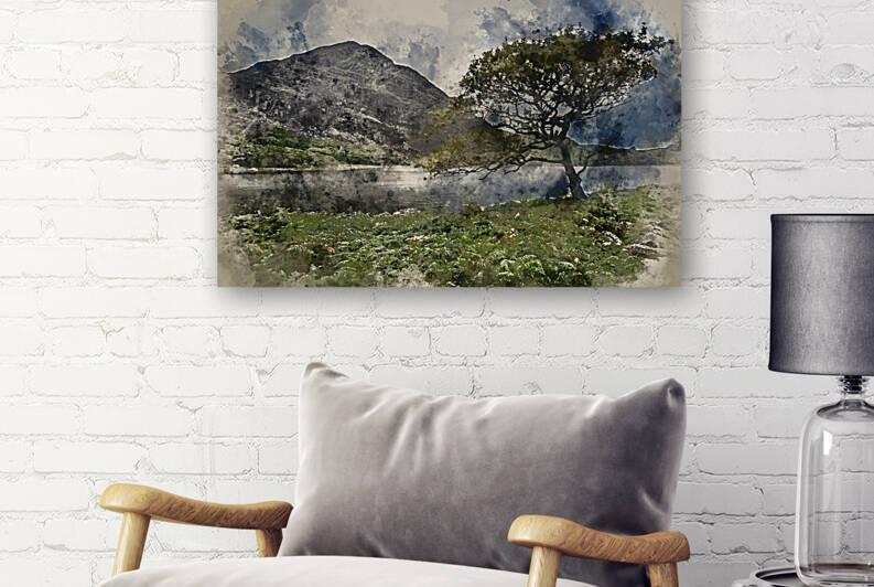 Watercolour painting of Landscape image of mountain reflected in by Matthew Gibson