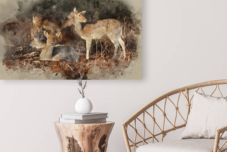 Watercolor painting of Herd of fallow deer in forest landscape by Matthew Gibson