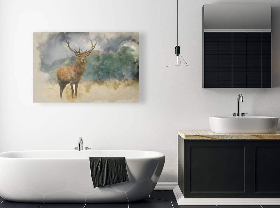 Watercolor painting of Portrait of majestic red deer stag in Aut by Matthew Gibson
