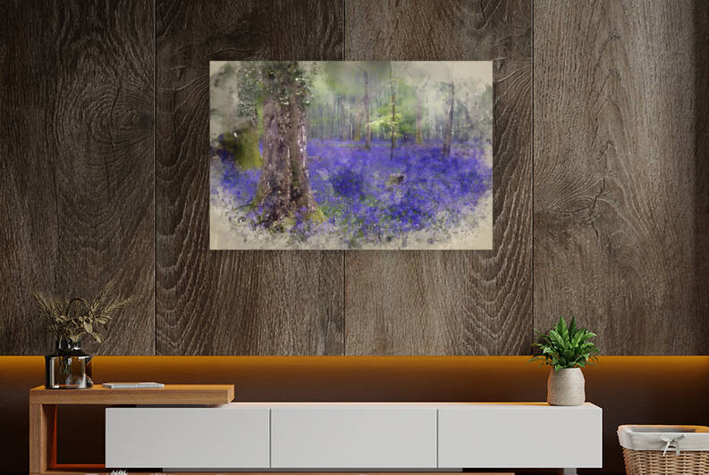 Watercolor painting of Vibrant bluebell carpet Spring forest fog by Matthew Gibson