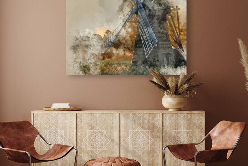 Watercolour painting of Old windmill in foggy countryside landsc by Matthew Gibson
