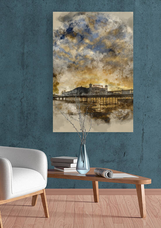 Watercolour painting of Winter sunset over Victorian pier in Bri by Matthew Gibson