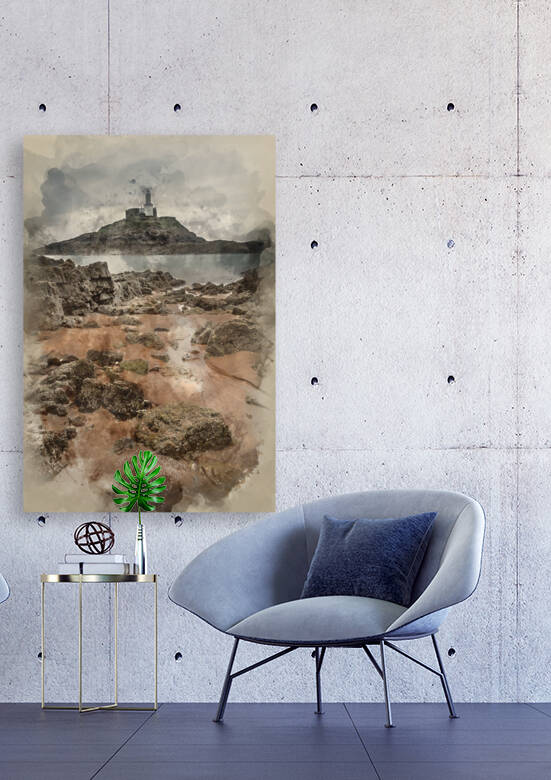 Watercolour painting of Lighthouse landscape with stormy sky ove by Matthew Gibson