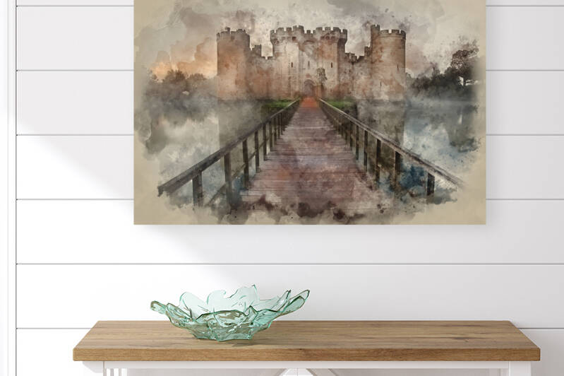 Watercolour painting of medieval castle and moat in morning ligh by Matthew Gibson
