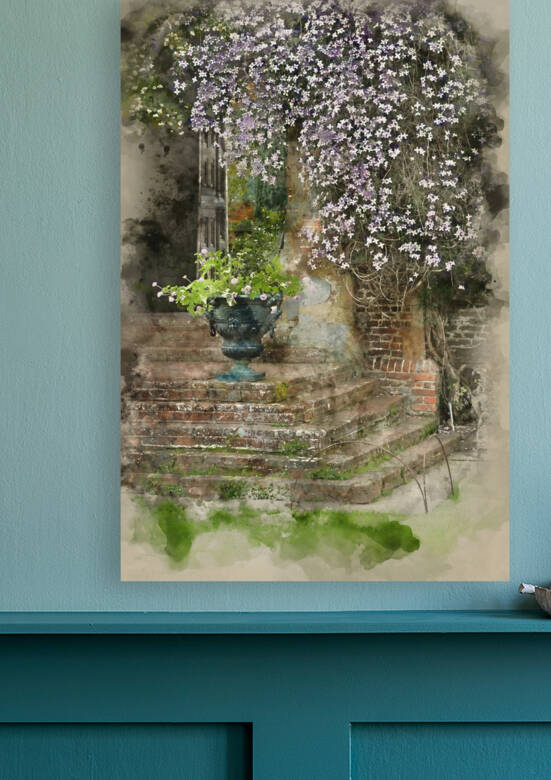 Watercolour painting of landscaped garden with flower pots and b by Matthew Gibson