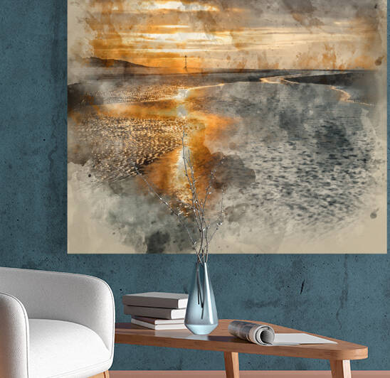 Watercolour painting of Beautiful beach coastal low tide landsca by Matthew Gibson