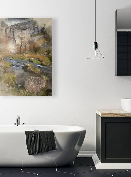 Watercolour painting of Malham Beck and Malham Cove in Yorkshire by Matthew Gibson