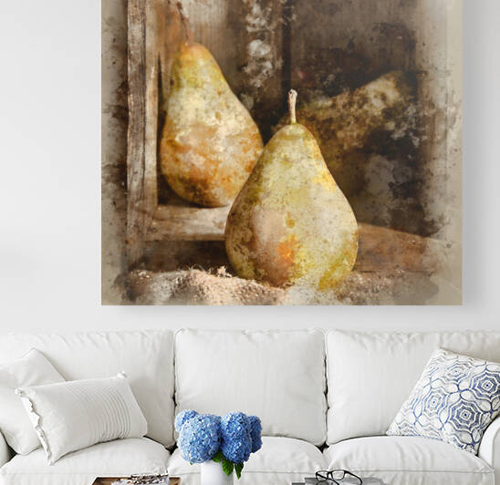 Watercolour painting of Pears in rustic kitchen setting with woo by Matthew Gibson
